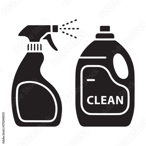 Spray bottle and detergent silhouette icons