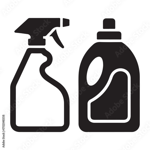 Spray bottle and detergent silhouette icons