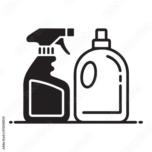 Spray bottle and detergent silhouette icons