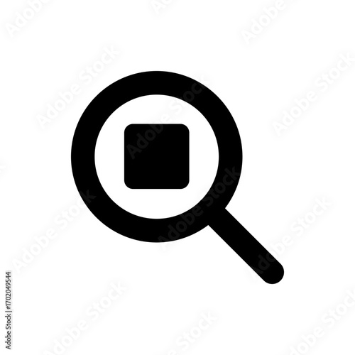 Black magnifying glass icon with one to one ratio inside showing a detailed view and search feature icon