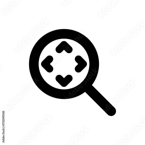 A black cube with a white y shape inside and a magnifying glass next to it on a white background image
