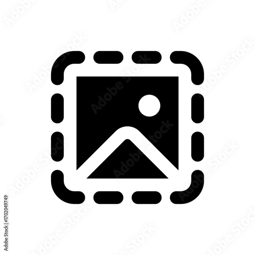 Illustration of a landscape icon with a mountain and sun inside a rounded dashed square border image