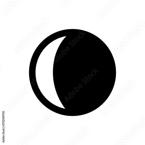 Black circle with a crescent shape cut out on the left side against a white background illustration