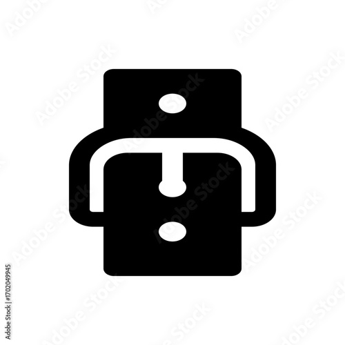 Illustration of a black and white belt buckle with two rectangular shapes and three circular accents design