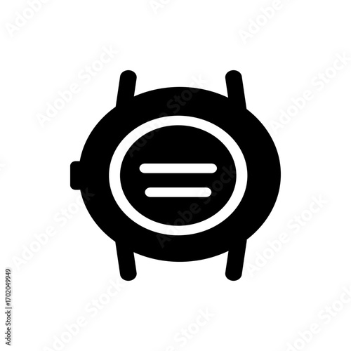 Illustration of a black smartwatch with a round face and two horizontal lines in the center of the screen