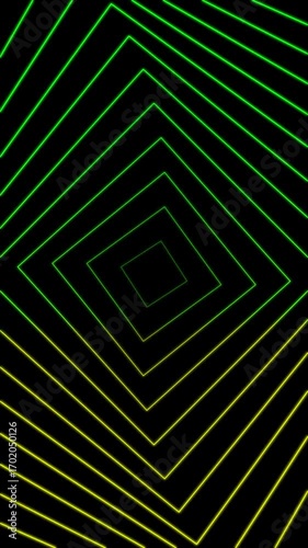Vibrant animated loop of a hypnotic geometric tunnel with neon green and yellow gradient lines creating a futuristic digital vortex