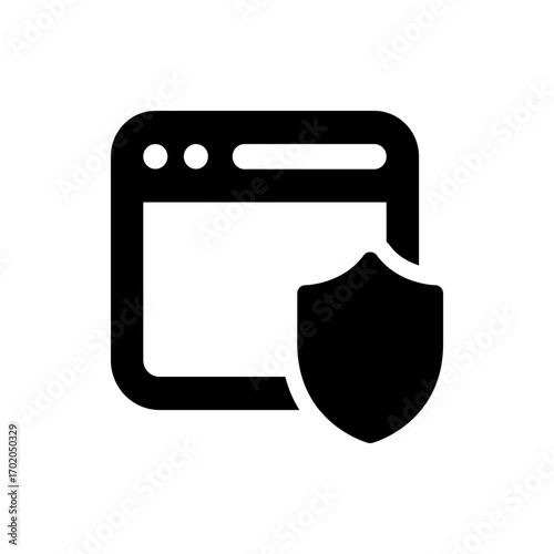 Illustration of a browser window with three circles and a shield overlay representing website security icon
