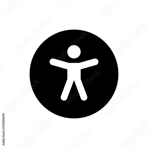 Universal access symbol featuring a stylized figure with outstretched arms inside a black circle design