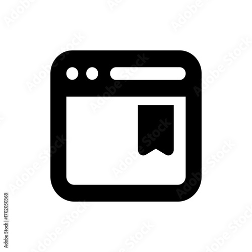 Black and white icon of a browser window with a bookmark and three circles in the upper left corner design element