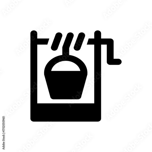 Illustration of a water well with a bucket hanging from a rope and a crank on the right side view icon