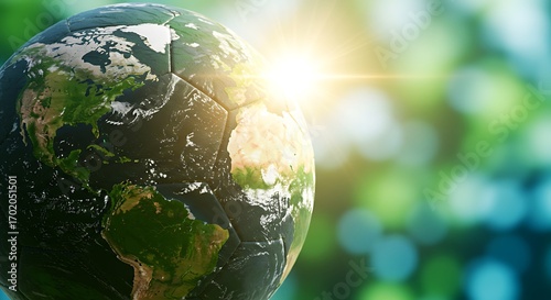Earth-patterned soccer ball with sun flare against blurred green background