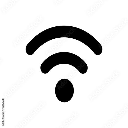 Black wifi symbol with curved lines and a circle indicating wireless internet connectivity and network signal strength