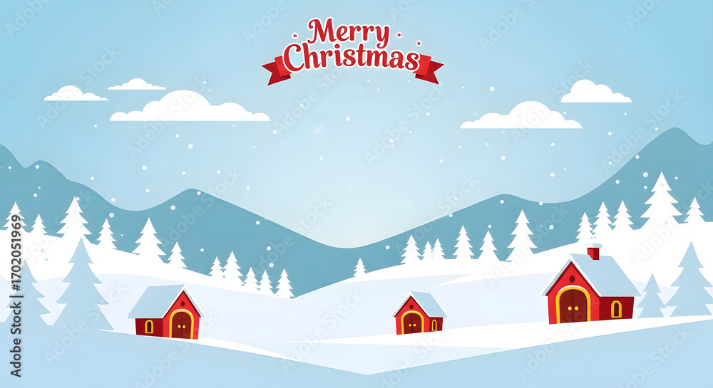 Fototapeta premium Festive Christmas Landscape with Cozy Houses and Snowy Trees in Flat Design