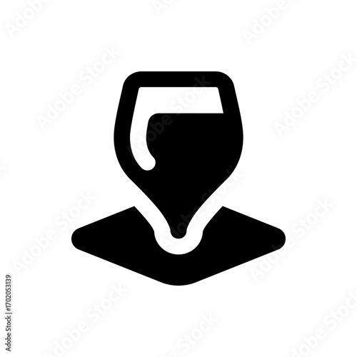 Black and white illustration of a stylized map marker with a teardrop shape and a flat base design element