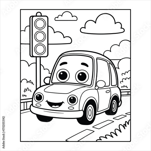 Cute Cartoon Car with Traffic Light Coloring Page for Kids
