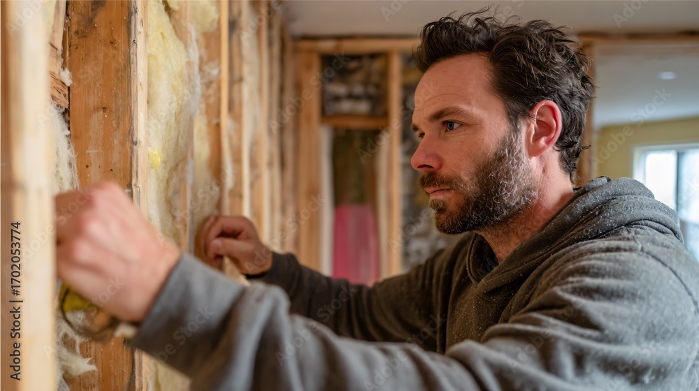 Fototapeta premium Homeowner inspecting partial wall build during renovation