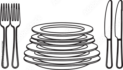 "Line Art Illustration of Stacked Plates with Forks and Knives – Tableware Silhouette"