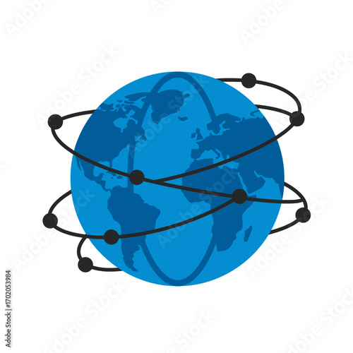 Global network and communication concept with a blue Earth globe and orbiting interconnected points vector illustration