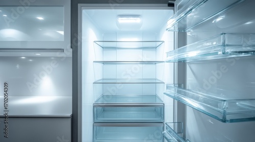 Empty Refrigerator with Glass Shelves and Drawers, Lit with Cool LED Light, Ready for Food Storage