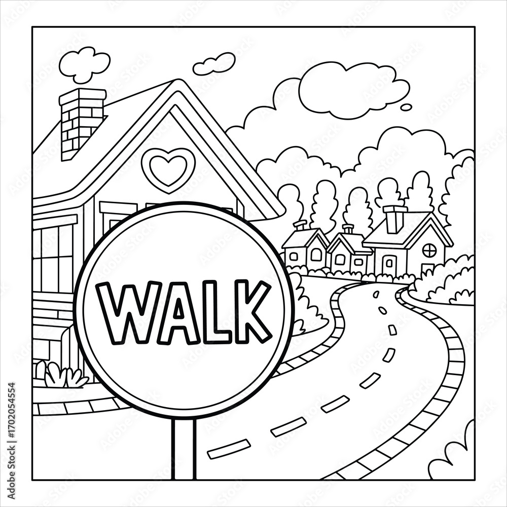 Naklejka premium Neighborhood Road with Walk Sign Coloring Page for Kids