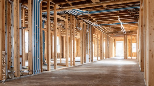 Interior wall framing with electrical conduit in place, minimal background,