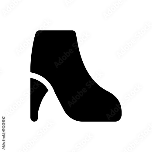 Silhouette depiction of a stylish black heeled ankle boot with a curved heel and a sleek design element