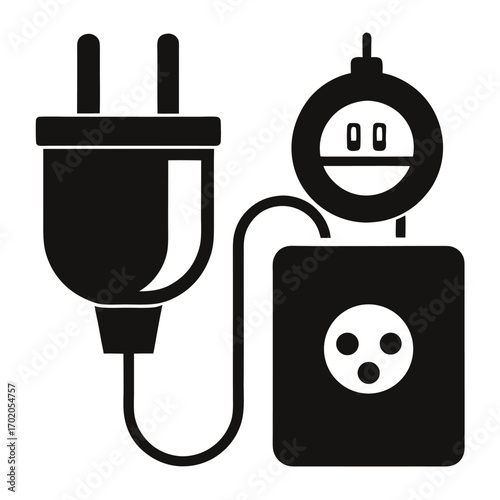 Black Silhouette of an Electrical Plug, Power Box, and Meter Connected by Cable