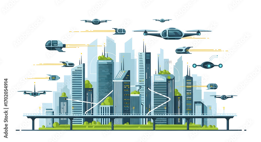 Obraz premium Futuristic Smart City with Flying Vehicles A Modern Vision of Urban Life and Transportation