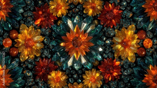 Vibrant kaleidoscope floral ornament with geometric symmetry, vivid colors.