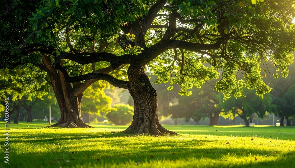 Naklejka premium Lush green trees stand tall in a sun-drenched park, casting gentle shadows on the vibrant green grass.