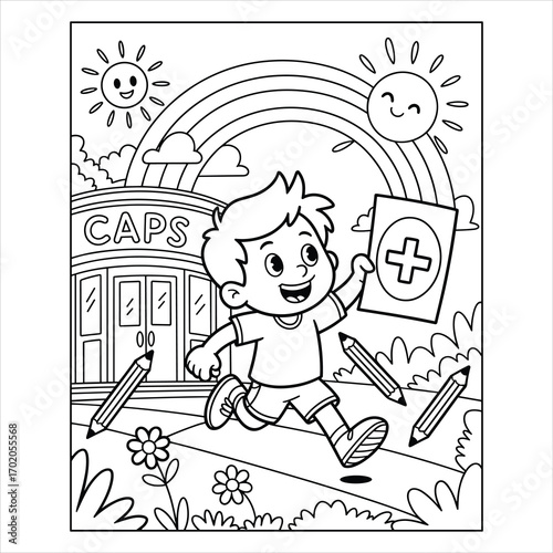 Happy Boy Going to School Coloring Page for Kids
