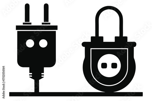 Black Illustration of Electrical Plug and Socket Power Connection Concept Graphic Design