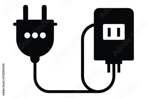 Black Silhouette of an Electric Plug and a Power Adapter with Cable Connected