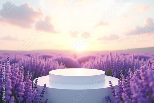 Product display stand in a lavender field at sunset