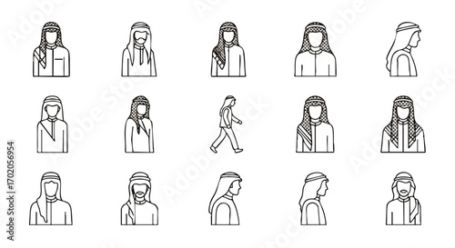 A collection of minimalist line art icons depicting Arab men in traditional keffiyeh and thobe attire.