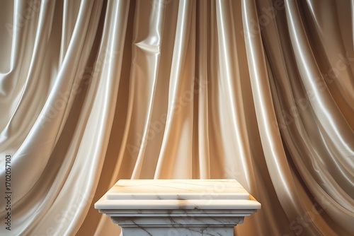 Elegant pedestal in front of golden drapes