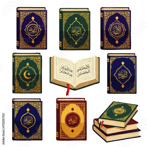 A collection of ornate Holy Quran books with decorative gold Arabic calligraphy covers, shown closed, open, and stacked.