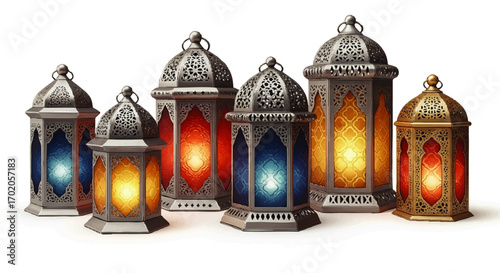 A collection of ornate, glowing Ramadan lanterns with intricate silver and gold metalwork and colorful patterned glass.