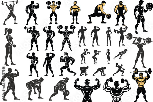 Collection of stylized male and female figures exercising with weights weightlifting bodybuilding