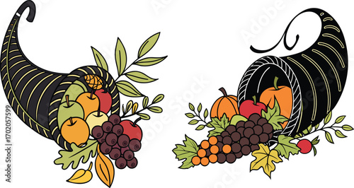 Two black cornucopias overflowing with colorful autumn fruits and leaves abundance harvest