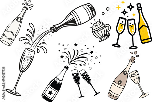 Champagne bottles and glasses with celebratory splashes and stars celebration toast