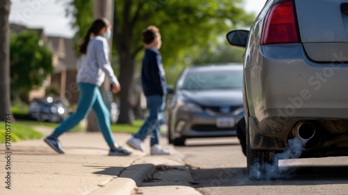 Children walking school zone vehicle idling exhaust fumes safety urban environment traffic pedestrian road outdoor sunny day family community awareness waiting street neighborhood vehicles motion
