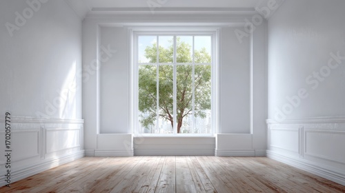 Wallpaper Mural Bright Empty Room with Large Window Overlooking Tree, Ideal for Interior Design Mockups and Real Estate Torontodigital.ca