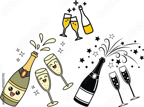 Cartoon champagne bottles and glasses with stars and bubbles celebration party