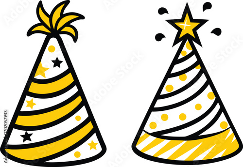 Two yellow and black party hats with stars and polka dots birthday celebration