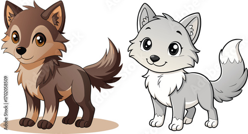 Two cartoon wolves one brown and one grey standing side by side wolf illustration
