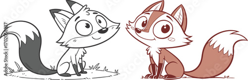 Two cartoon foxes one black and white one brown sitting animal illustration