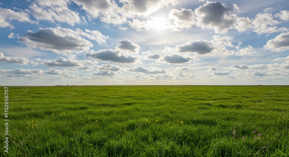 Fototapeta premium Lush Green Field Under a Bright Sky A Serene Nature Scene