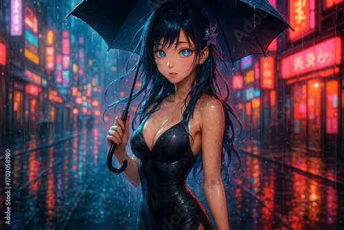 雨の街路で傘を差す ネオン 水しぶき髪 萌え絵.jpg