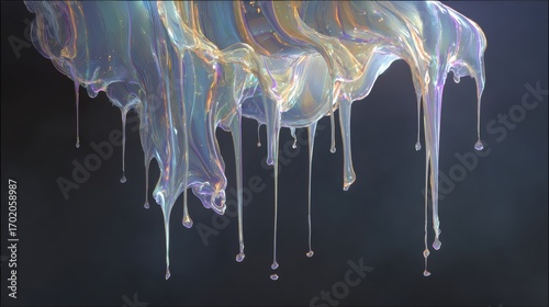 Abstract iridescent viscous liquid dripping downward in long thin strands against a dark background, creating the effect of a glowing fantasy substance with shimmering colors.